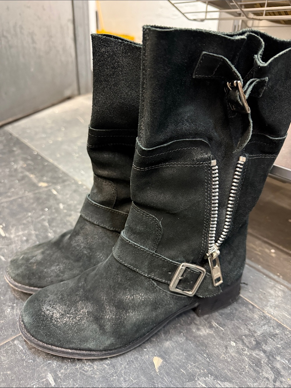 Black Suede Mid-Calf Boots with Side Zipper and Buckle